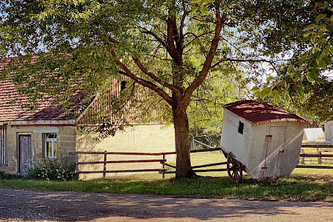 Ein Schäferwagen steht neben einem Baum, im Hintergrund ein Schafstall und die eingezäunte Weide